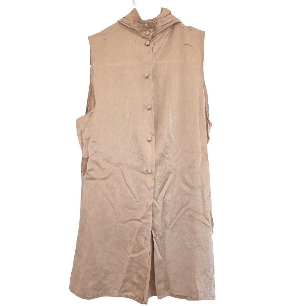 Lloyd Williams Vintage 100% Silk Sleeveless Mock Neck Button Down Blouse Beige 8